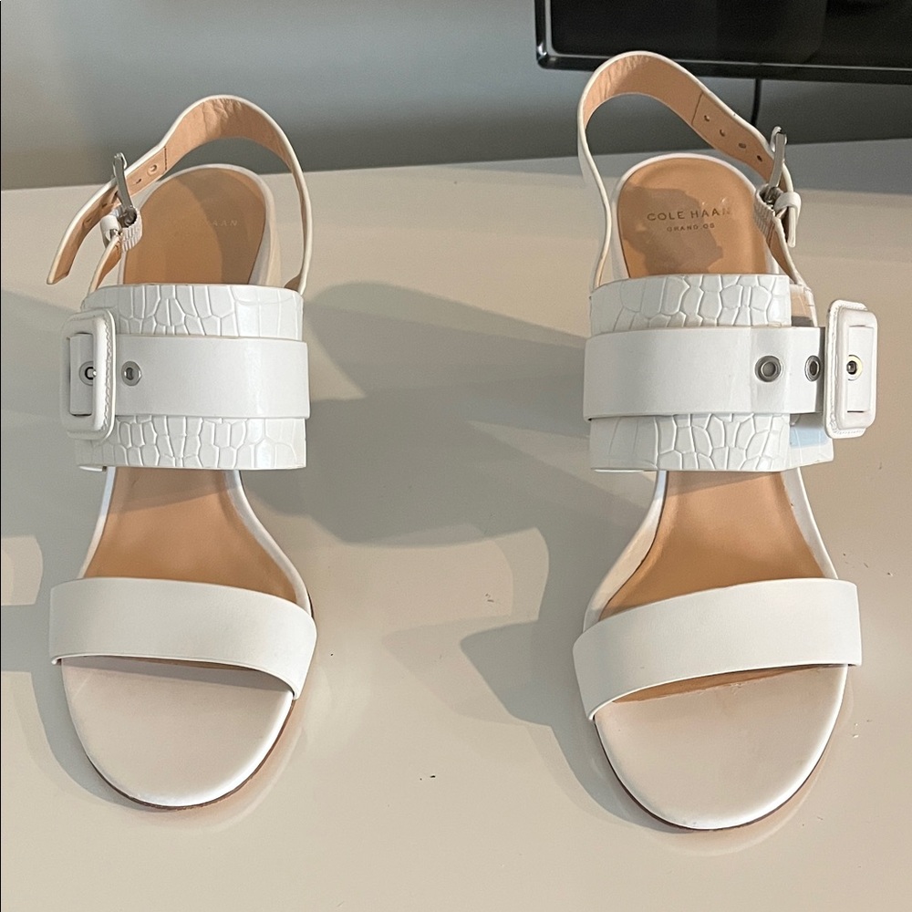 Cole Haan Women's Strap Sandals In Optic White With Trendy Block Heels Size 10B